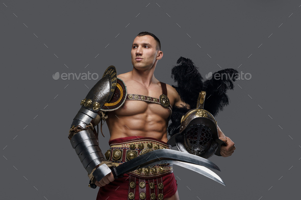 Muscular Greek Gladiator With Plumed Helmet And Short Sword Stock Photo By Fxquadro